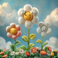 Wall Mural - Three smiling flowers with a blue and pink flower in the middle