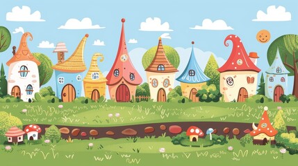 Wall Mural - An adorable village with a house on a road and a hilly pathway in the summer countryside. Magic fantasy rural medieval scenery modern fantasy environment.