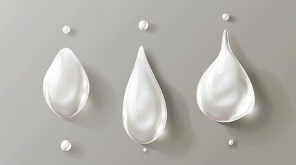 Wall Mural - Realistic 3D modern set with white cream droplets. Abstract liquid cosmetic drop of clear coconut oil isolated on transparent background. Collection of glossy yoghurt melt dripping drips.