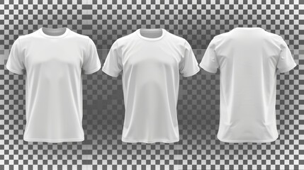 White t-shirt mockup. Front sport t-shirt modern template. Male shirt with unisex design. Undershirt cotton clothing object. Fabric clean empty active outfits set.
