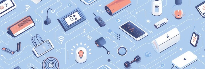 Fototapete - A variety of smart home devices, including thermostats, security cameras, smart plugs, and light bulbs, are connected in a seamless network. Generative AI