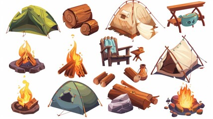 Wall Mural - Outdoor camping trip shelter and chair for summer cartoon set. Hiking adventure element for survival expedition and tourism. Walking activity or recreation leisure.