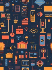Fototapete - Connected smart home devices such as light bulbs, thermostats, cameras, and plugs create a colorful pattern, highlighting the comfort and convenience of a smart home. Generative AI