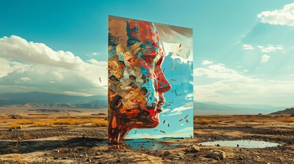 Wall Mural - a surreal of a mirror standing in a desolate landscape, reflecting a vibrant, chaotic scene of
