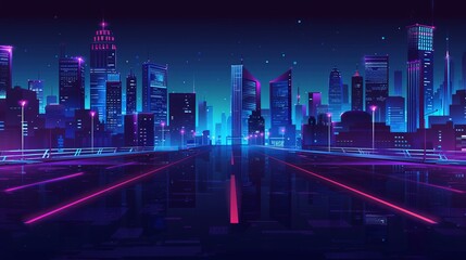 Wall Mural - Set of neon lights on night city road street cartoon landscape illustrations. Urban modern skyline background with night skyline building and road. Empty dark game panorama scene collection.