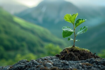 A close shot of a young oak sapling leaves on top of the mountain with rocks and beautiful nature view with big space for text, Generative AI.