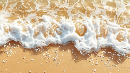 Wall Mural - An aerial banner design in the form of a water wave on a sea sand beach, with white foam and bubbles on a golden surface, representing a tropical summer vacation. Abstract illustration illustrating a