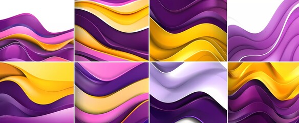 Wall Mural - Collection of purple and yellow abstract backgrounds with wavy patterns. Vector illustration, flat design for social media template. Simple banner set in purple colors.