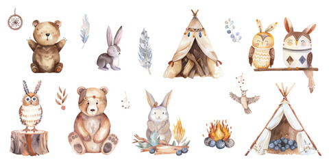 Watercolor boho animal set with a bear, rabbit and bird wearing Indian feather headbands near a teepee tent with firewood and blueberries isolated on a white background.