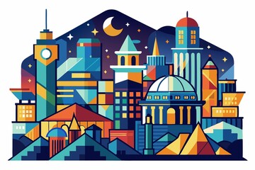 Wall Mural - nighttime, mosaic, lights, buildings, Incredible mosaic artwork showcasing stylized cityscape at night, set against crisp white background, ideal for any urban-themed project