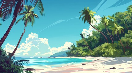 Wall Mural - Tropical palm landscape of sea beach on island. Summer holiday adventure paradise. Jungle coastline horizon view at sunny day. Empty vacation coast and seascape.