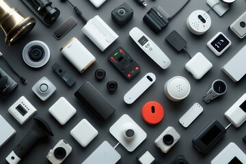 Fototapete - Smart home devices like thermostats, security cameras, smart plugs, and light bulbs are arranged on a gray surface, showcasing their connected nature. Generative AI