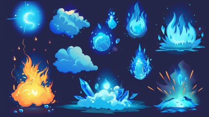 In this illustration, I've created a comic effect with smoke clouds and smoke of a bomb blast, magic spell, explosion. 2D VFX elements with blue flames and smoke isolated on a white background.