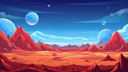 Poster - This is a cartoon background with an orange alien space planet game. The background has rock and mountain landscapes, a moon, Saturn, and craters in the ground. There is a star sparkle in the sky and