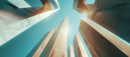 Canvas Print - Vertical geometric shapes in abstract architectural background with sunlight reflecting.