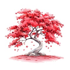 Wall Mural - Vibrant Japanese Maple Tree with Deep Red Autumn Foliage in Watercolor Painting Style