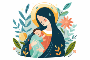 Mary with baby Jesus, simple modern flat design illustration