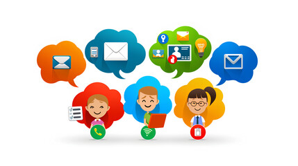 A set of colorful speech bubbles with icons representing social media,