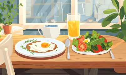 Wall Mural - diet food on a plate on a table in a cozy cafe background, Generative AI