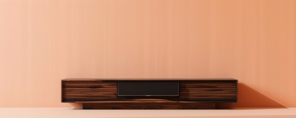 Wall Mural - A sleek ebony wood entertainment unit with a minimalist design, standing against a peach luxury house wall.