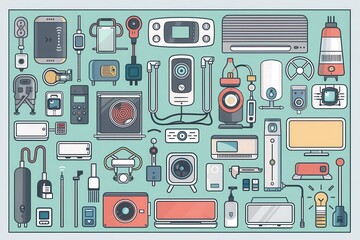 Fototapete - Illustration of a seamless network of connected smart home devices including thermostats, cameras, plugs, and light bulbs. Generative AI