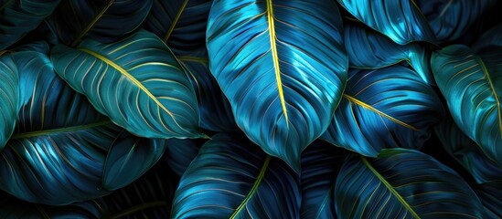 Canvas Print - Macro close-up of vibrant blue and green leaves of a tropical forest plant Spathiphyllum cannifolium against a dark natural backdrop.