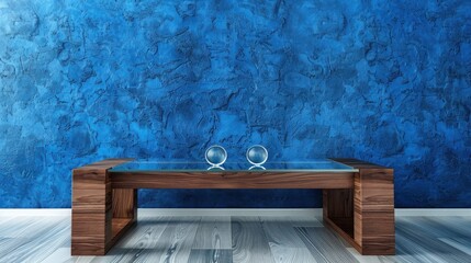 Wall Mural - A sleek and modern walnut wood coffee table featuring a glass top, positioned in front of a royal blue textured luxury house wall.