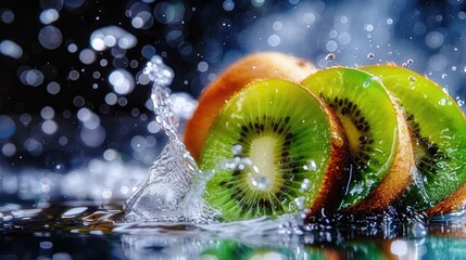 fresh kiwi fruit slices with water splash 43 photography --ar 25:14 Job ID: 83b3c873-2109-4b85-b003-108c108588e9