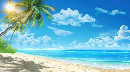Serene Tropical Paradise: Deserted Beach with Vibrant Palm Trees and Clear Blue Sky - Ideal Vacation Setting