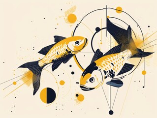 Abstract geometric vector illustration of two fish swimming in circles, symbolizing the interconnectedness and complexity of life through an array of lines and dots on a white background