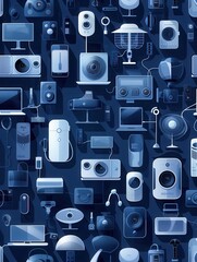 Fototapete - Digital illustration featuring various smart home devices like thermostats, cameras, plugs, and light bulbs connected in a network for a modern home. Generative AI