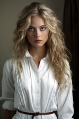 Wall Mural - Young woman with long blonde curly hair wearing a white button-up shirt. Studio portrait photography. Fashion and beauty concept