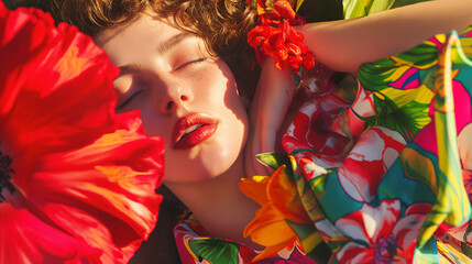 Wall Mural - Summer portrait of a woman with a flowers