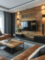 Fototapete - A modern living room with a home theater system and a wood wall accent. The room is furnished with leather sofas and a wooden coffee table. Generative AI