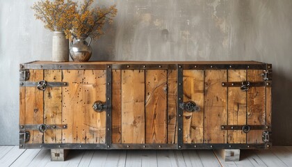 Wall Mural - A rustic spruce wood sideboard with iron accents, standing against a light grey luxury house wall.