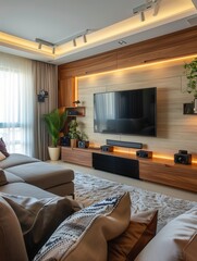 Aufkleber - A modern living room featuring a large smart TV and a home theater system, offering an immersive entertainment experience. Generative AI