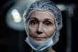 © Seventyfour - Close up portrait of mature woman as surgeon looking at camera standing in operating room set with dramatic lighting, copy space