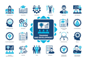 Training and Development icon set. Employees, Motivation, Organization, Education, Skills, Appraisal, Agenda, HR Management. Duotone color solid icons