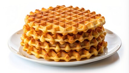 A Delicious Stack Of Golden Brown Waffles On A White Plate, Isolated On A White Background.