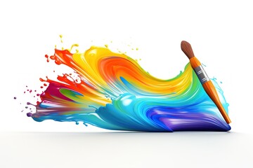 Two paintbrushes are painting a rainbow splattered art project. The brushstrokes are messy on a white isolated background.