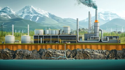 Diagram illustrating the process of carbon capture and storage, from industrial emission sources to underground sequestration