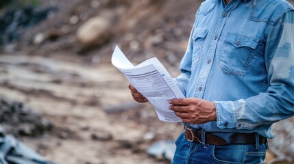 Wall Mural - civil engineer working with documents on construction site, building and home renovation, professional foreman at work