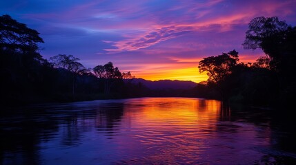 Wall Mural - A high resolution of a beautiful river at sunset in the evening. The sun s last light creates a