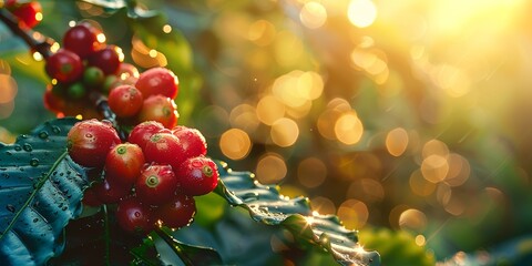 Wall Mural - Sunlit Coffee Beans on Leaf with Morning Dew in Golden Light