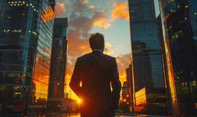 Happy wealthy rich successful business man standing in big city modern skyscrapers street on sunset thinking of successful future vision, dreaming of new investment opportunities. Generative AI 