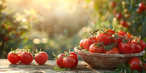 Wall Mural - Sun-Kissed Fresh Tomatoes in a Rustic Bowl, Bathed in Golden Sunlight