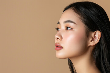 Wall Mural - Close-up portrait of a young woman with clear skin and natural makeup. Neutral background for beauty and skincare promotions. Copy space available.