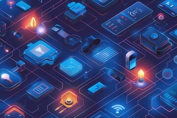 Fototapete - Illustration of smart home devices like thermostats, cameras, plugs, and light bulbs connected in a seamless network for convenience and comfort. Generative AI