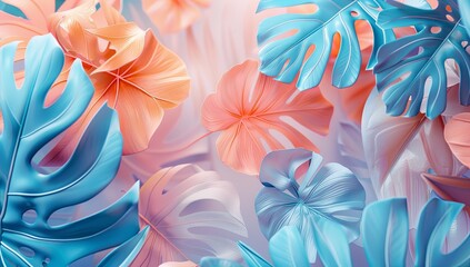 3d pastel blue, pink and orange tropical leaves