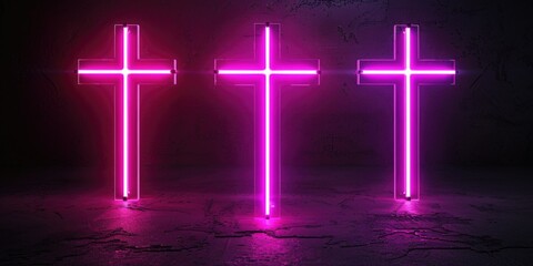 Poster - Three neon crosses lit up in a dark and dimly lit room, providing a striking contrast